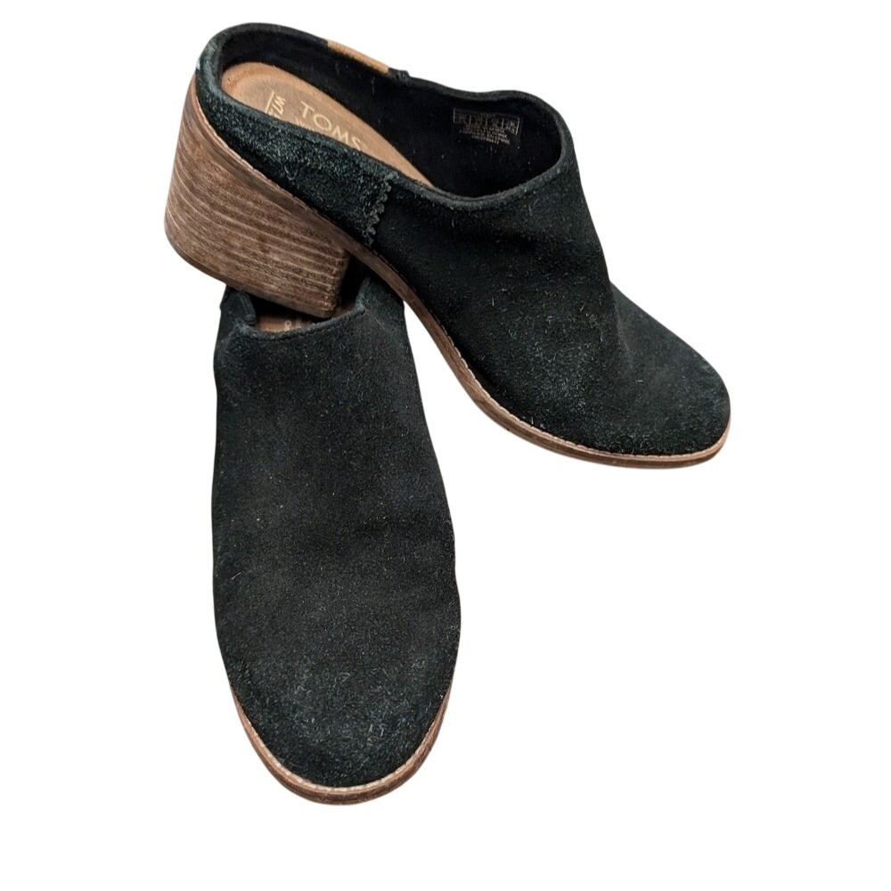TOMS Mules Womens 7.5 Black Suede Stacked Block Heel Slip On Almond Toe‎